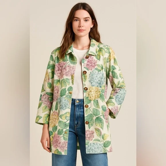 Anthropologie Mellie‎ Hydrangea Floral Raincoat Linen Trench Jacket Soft Girl - Picture 2 of 12